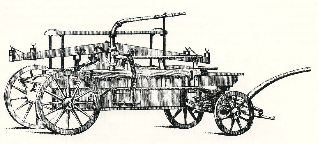 Historische Skizze einer hölzernen „Regnault“ Feuerwehr-Spritze mit großen Rädern und Hebelmechanismus