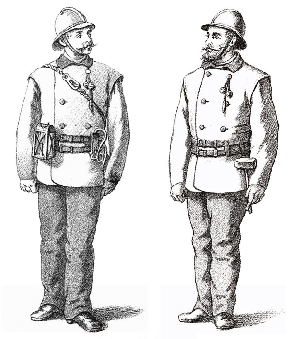 Zeichnung eines Steigers und Spritzenmannes der FF München ab 1866 mit Dienstjoppe